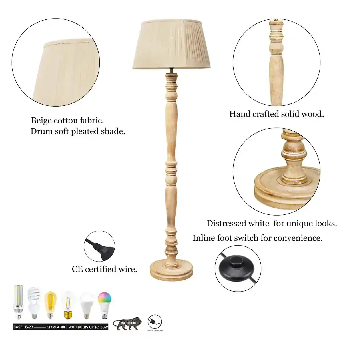 SIEMON Wood Single Light Floor Lamp With Beige Shade