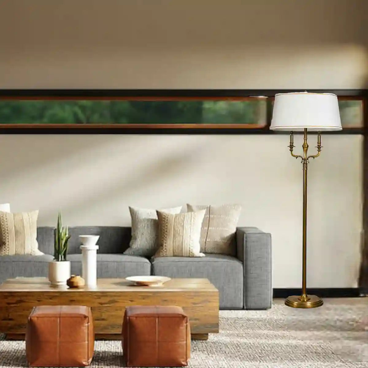 NIXON Pure Brass Floor Lamp With White Cotton Shade