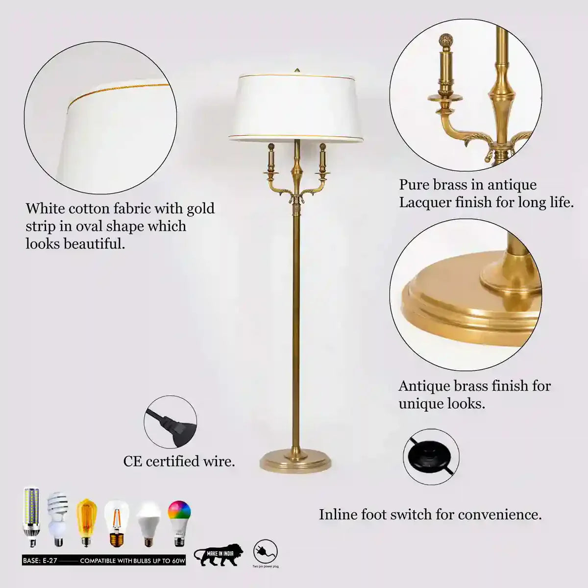 NIXON Pure Brass Floor Lamp With White Cotton Shade