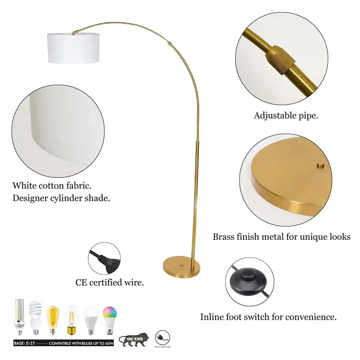 MESH Single Light Overhang Floor Lamp With White Cotton Shade