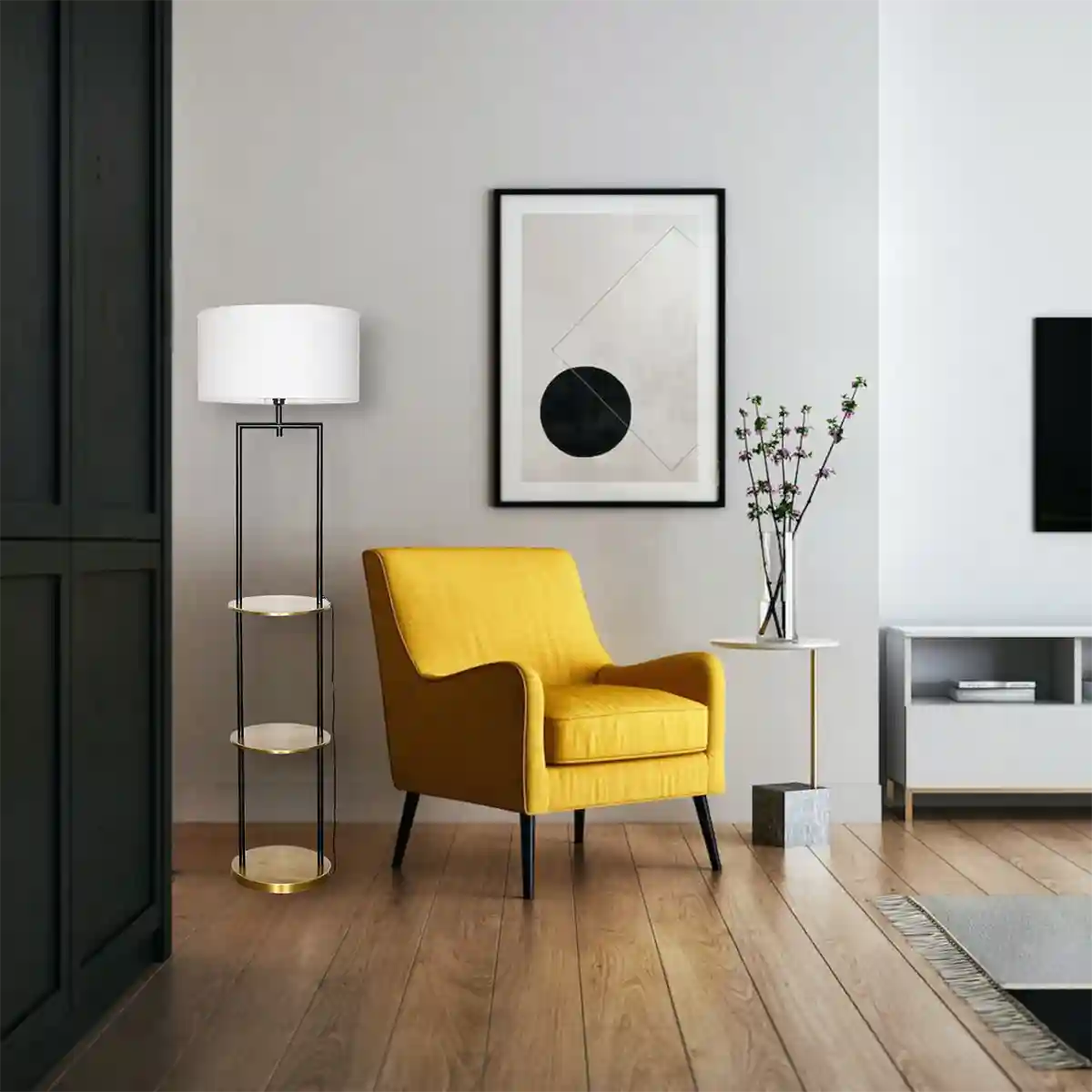 GALLOW Metal Multiutility Shelf Floor Lamp With White Cotton Shade