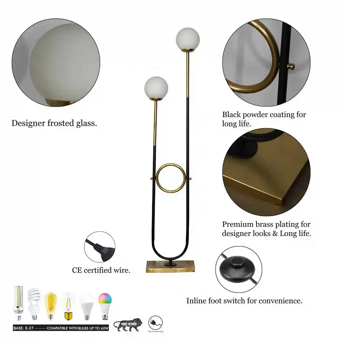 ALLEGRA 2 Light Floor Lamp in Antique Brass and Black Finish With Opal Glass Diffuser