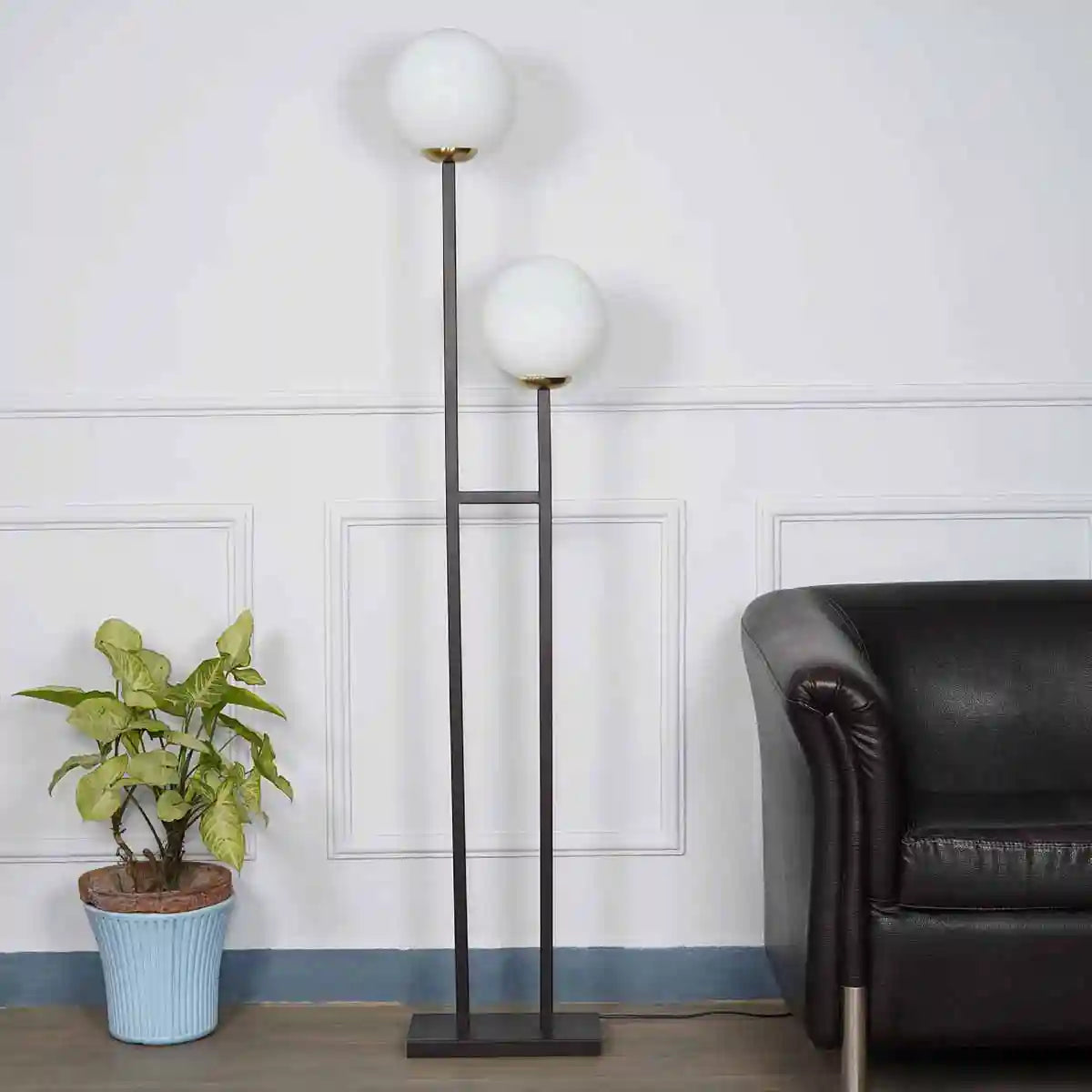 MOONLIGHT 2 Light Floor Lamp in Black Finish With Opal Glass Diffuser