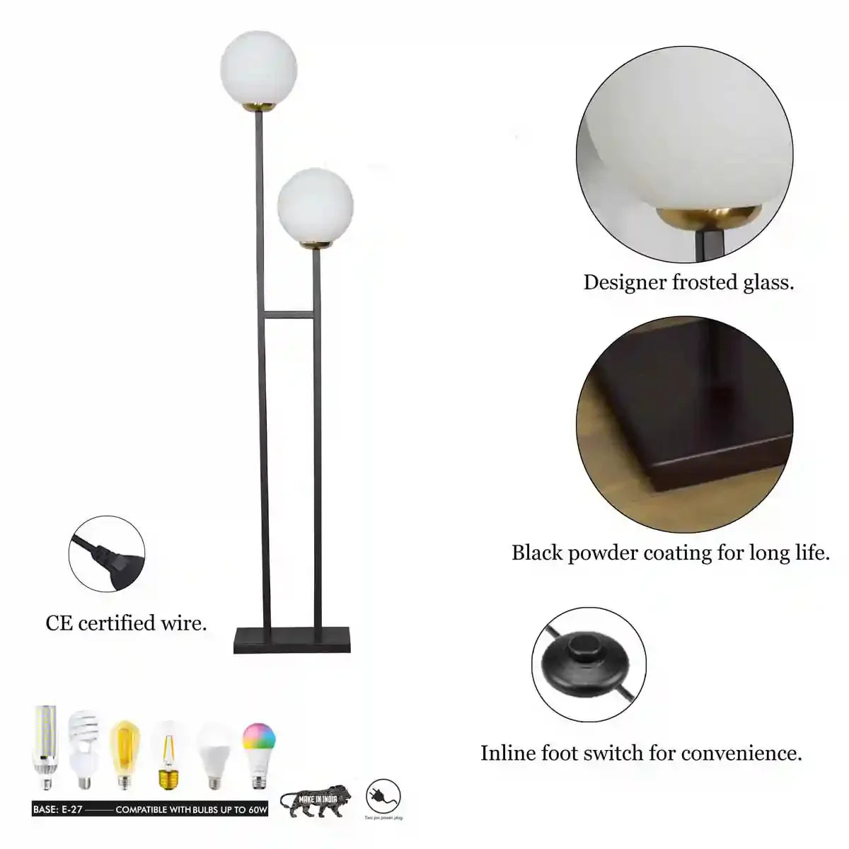 MOONLIGHT 2 Light Floor Lamp in Black Finish With Opal Glass Diffuser