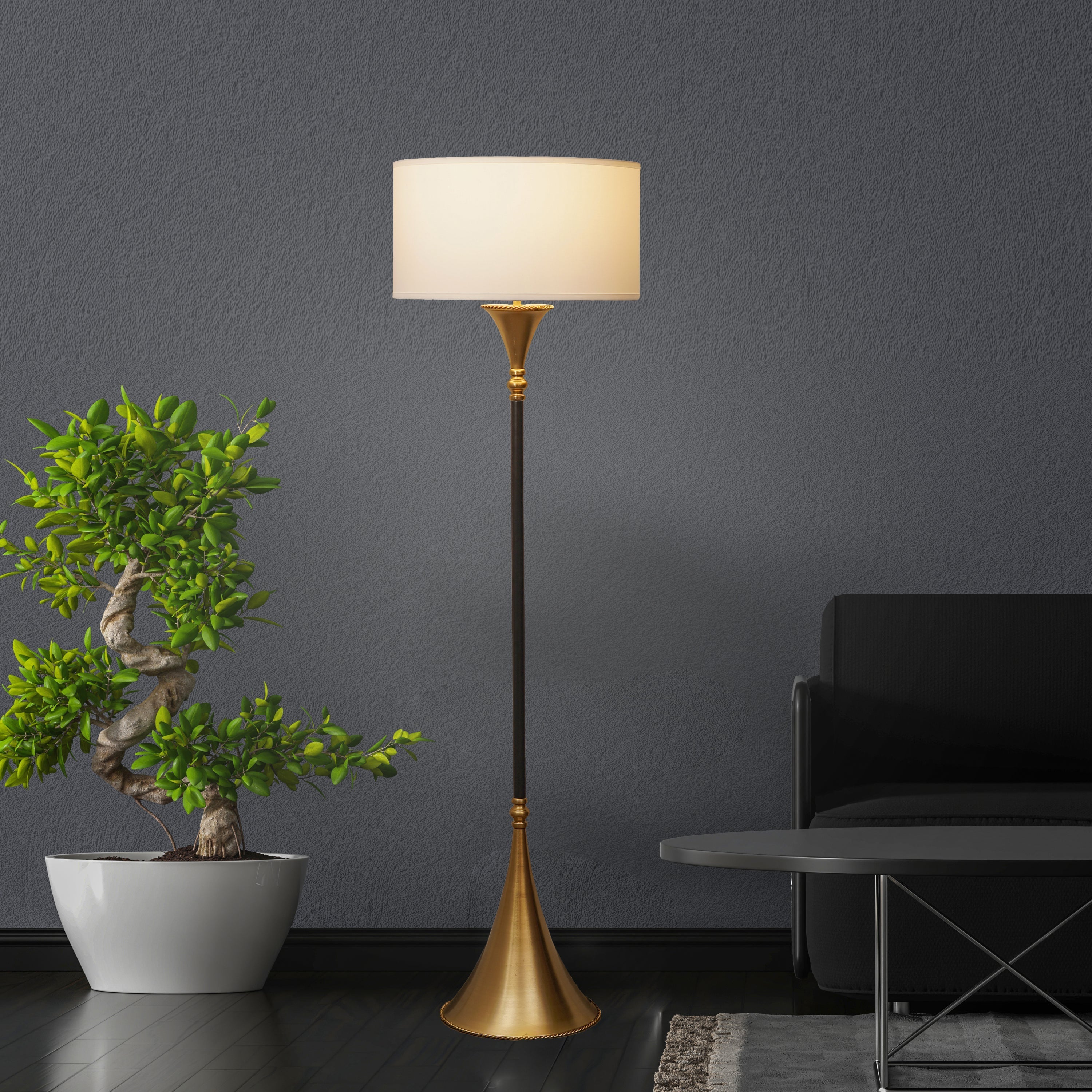 COLORADO Single Light Floor Lamp In Black & Brass Finish With Cotton Fabric Shade