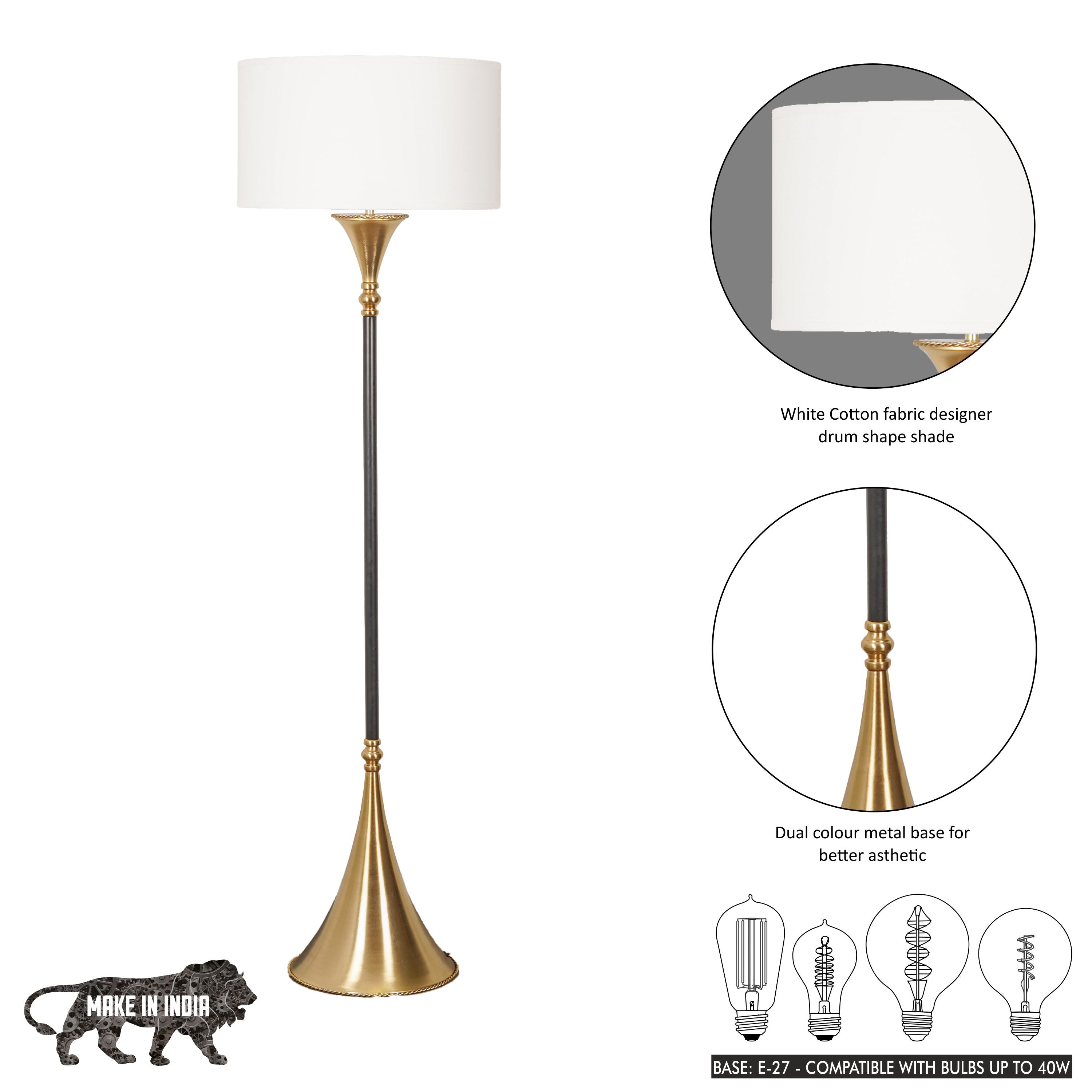 COLORADO Single Light Floor Lamp In Black & Brass Finish With Cotton Fabric Shade