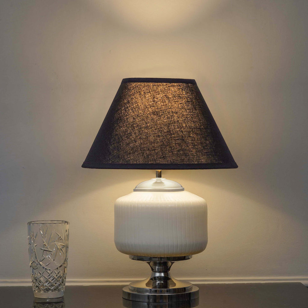 RAMZI Chrome Finish Metal And Frosted White Glass Table Lamp With Beige Cotton Shade
