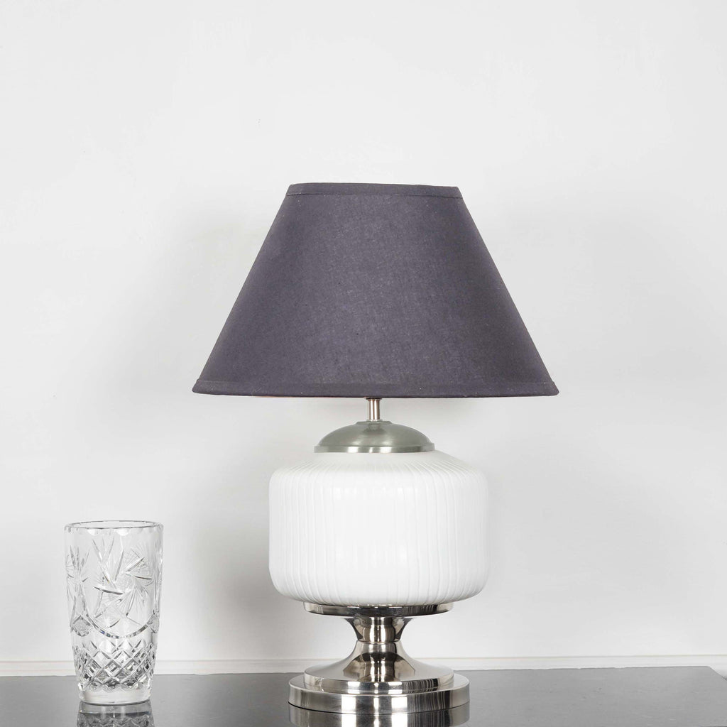 RAMZI Chrome Finish Metal And Frosted White Glass Table Lamp With Beige Cotton Shade