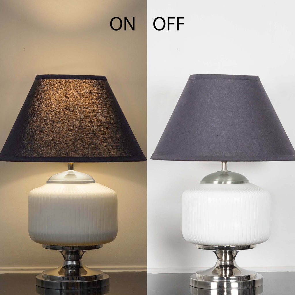 RAMZI Chrome Finish Metal And Frosted White Glass Table Lamp With Beige Cotton Shade