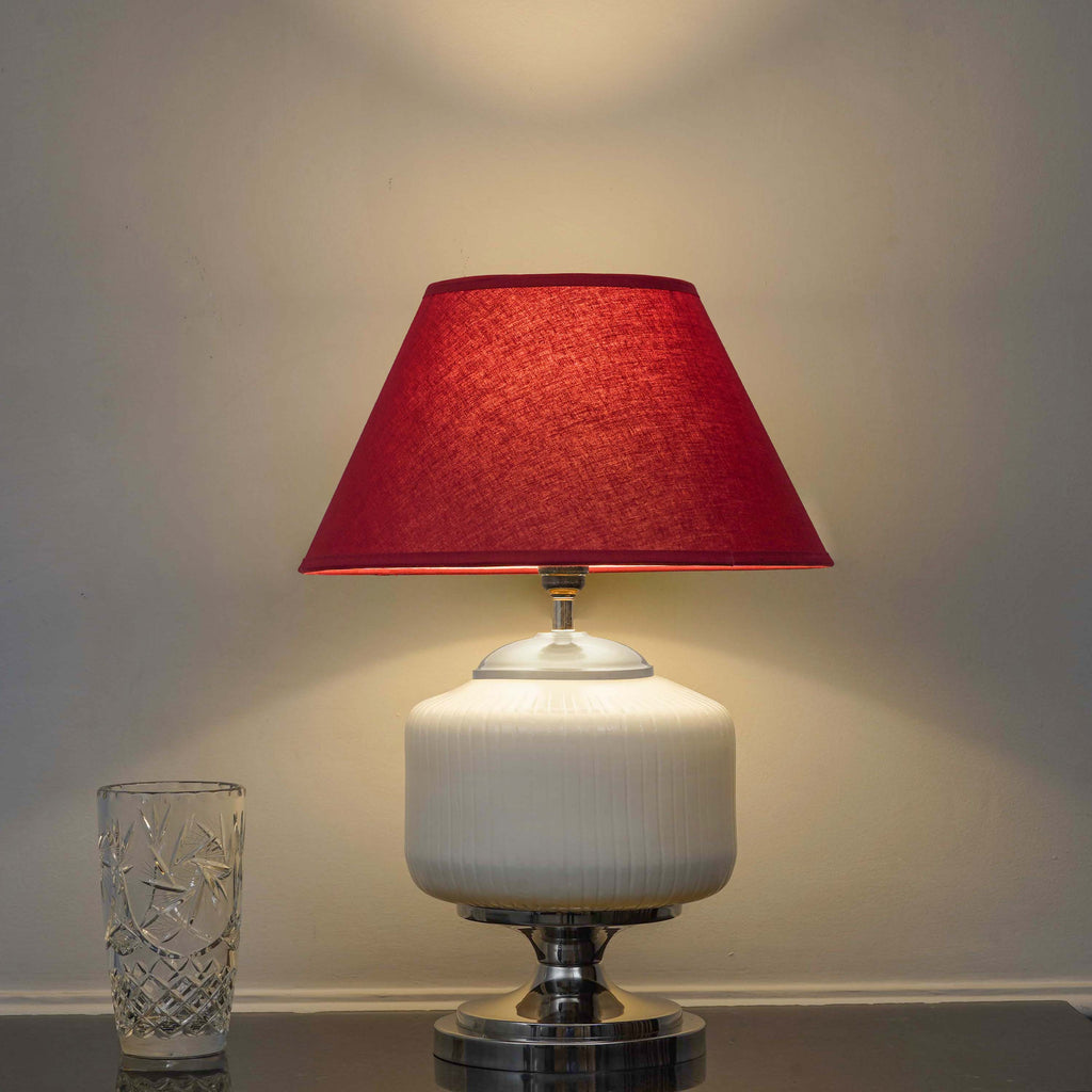 RAMZI Chrome Finish Metal And Frosted White Glass Table Lamp With Beige Cotton Shade