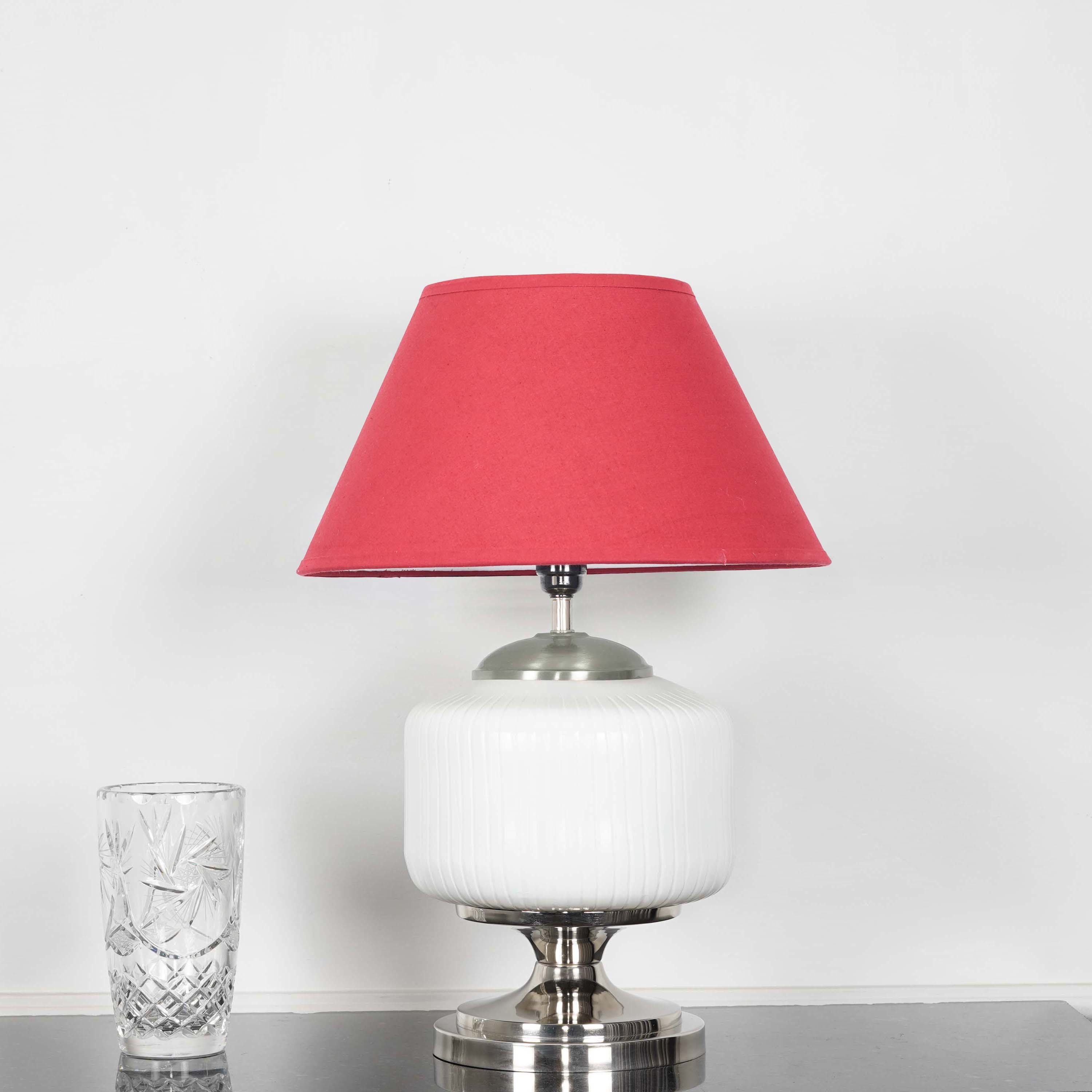 RAMZI Chrome Finish Metal And Frosted White Glass Table Lamp With Beige Cotton Shade