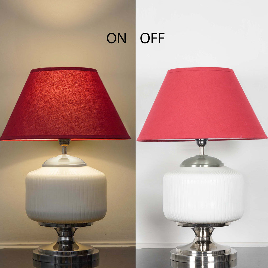 RAMZI Chrome Finish Metal And Frosted White Glass Table Lamp With Beige Cotton Shade