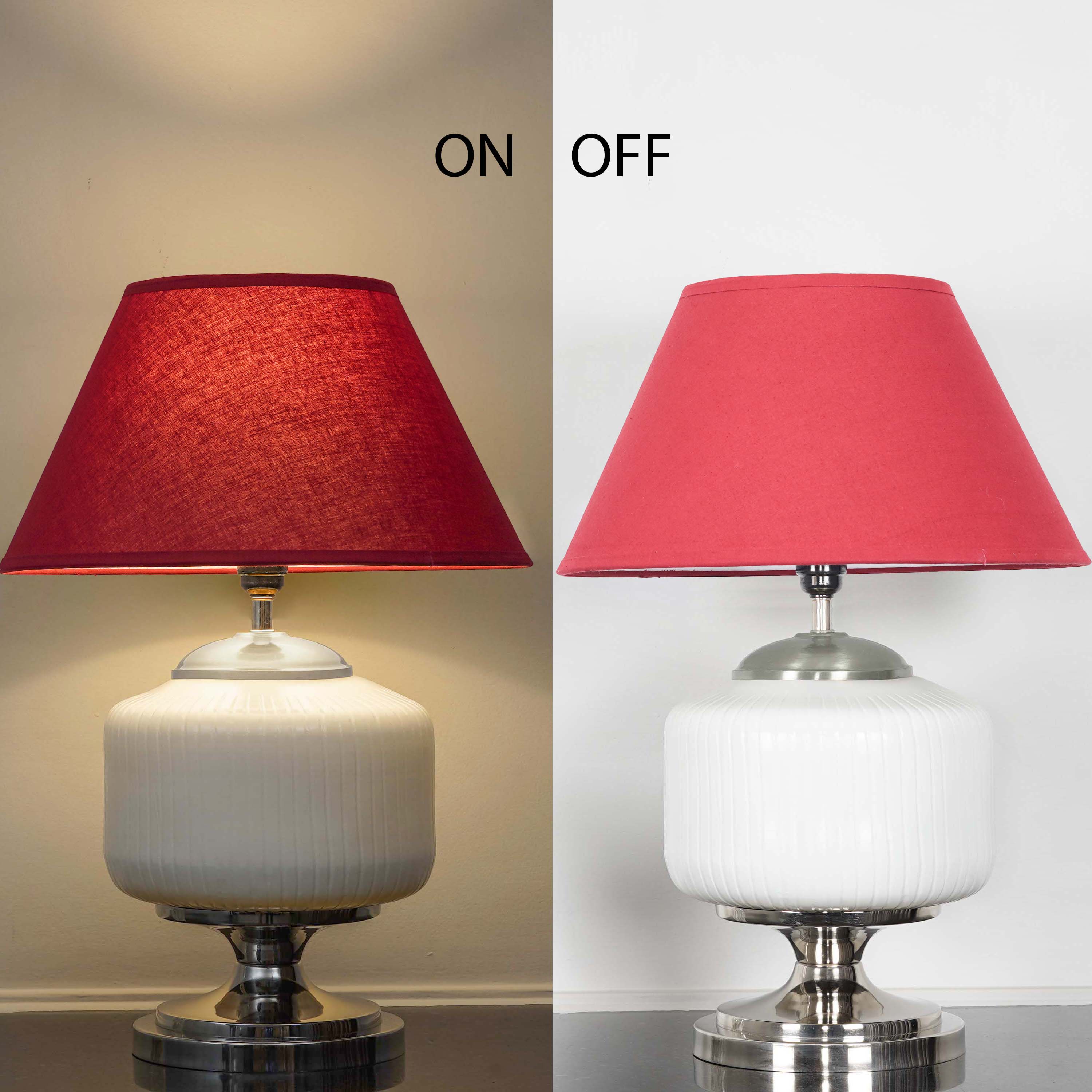 RAMZI Chrome Finish Metal And Frosted White Glass Table Lamp With Beige Cotton Shade