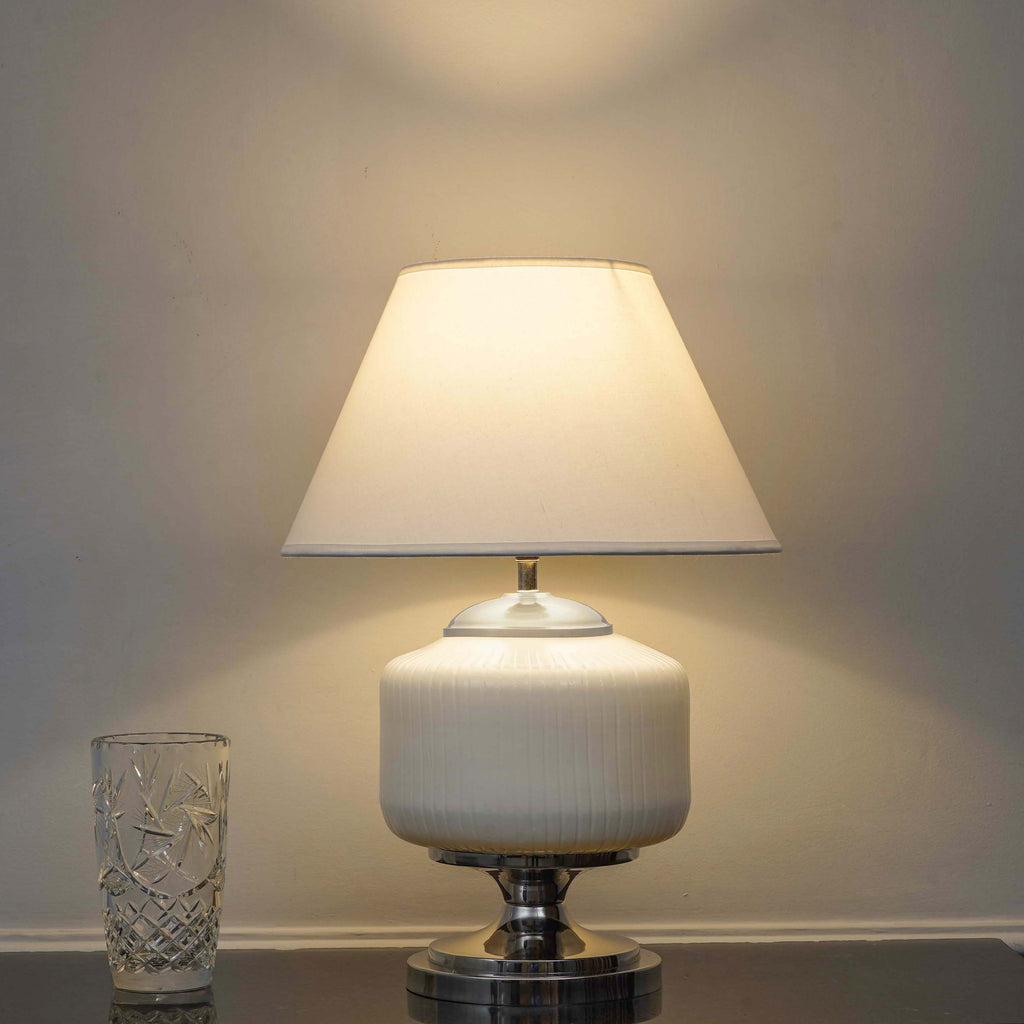RAMZI Chrome Finish Metal And Frosted White Glass Table Lamp With Beige Cotton Shade