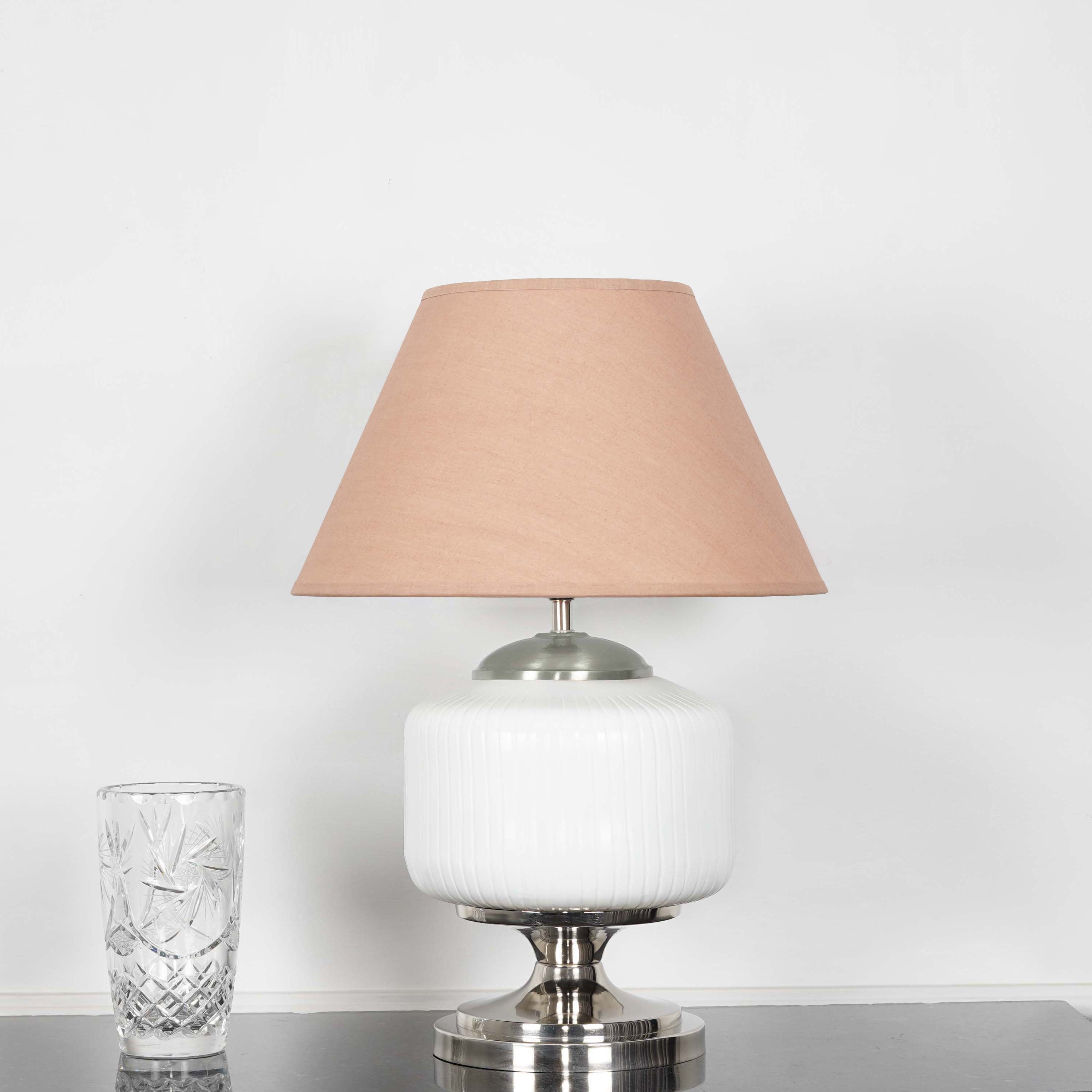 RAMZI Chrome Finish Metal And Frosted White Glass Table Lamp With Beige Cotton Shade