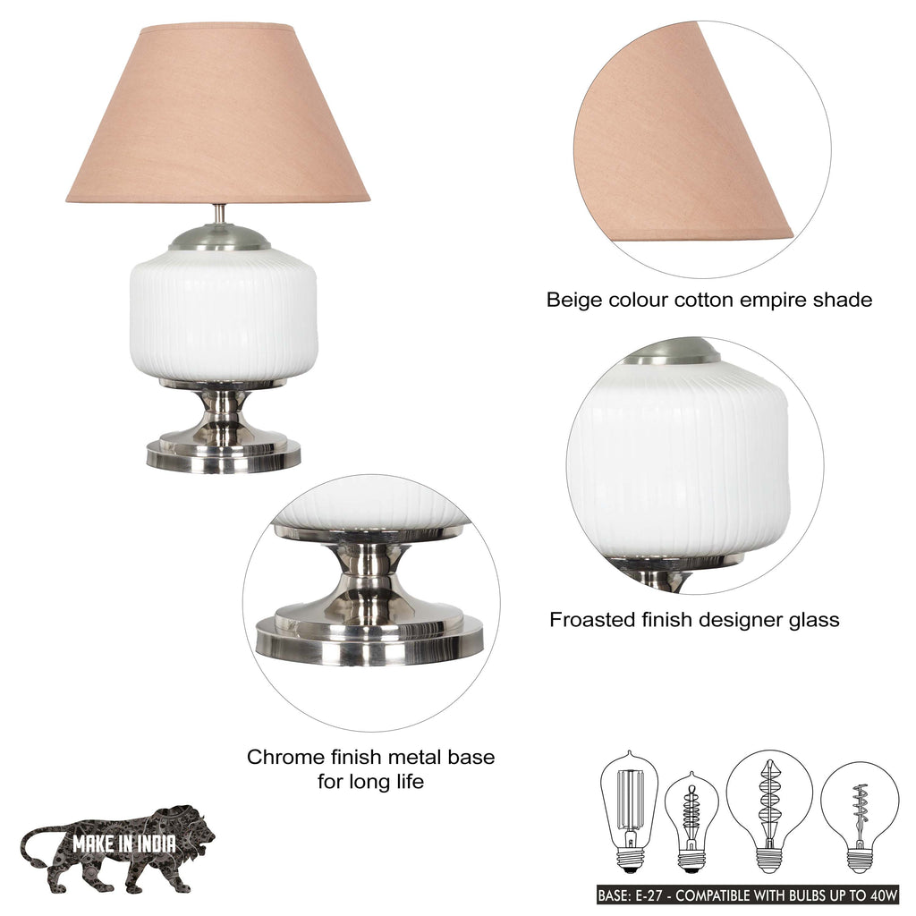 RAMZI Chrome Finish Metal And Frosted White Glass Table Lamp With Beige Cotton Shade