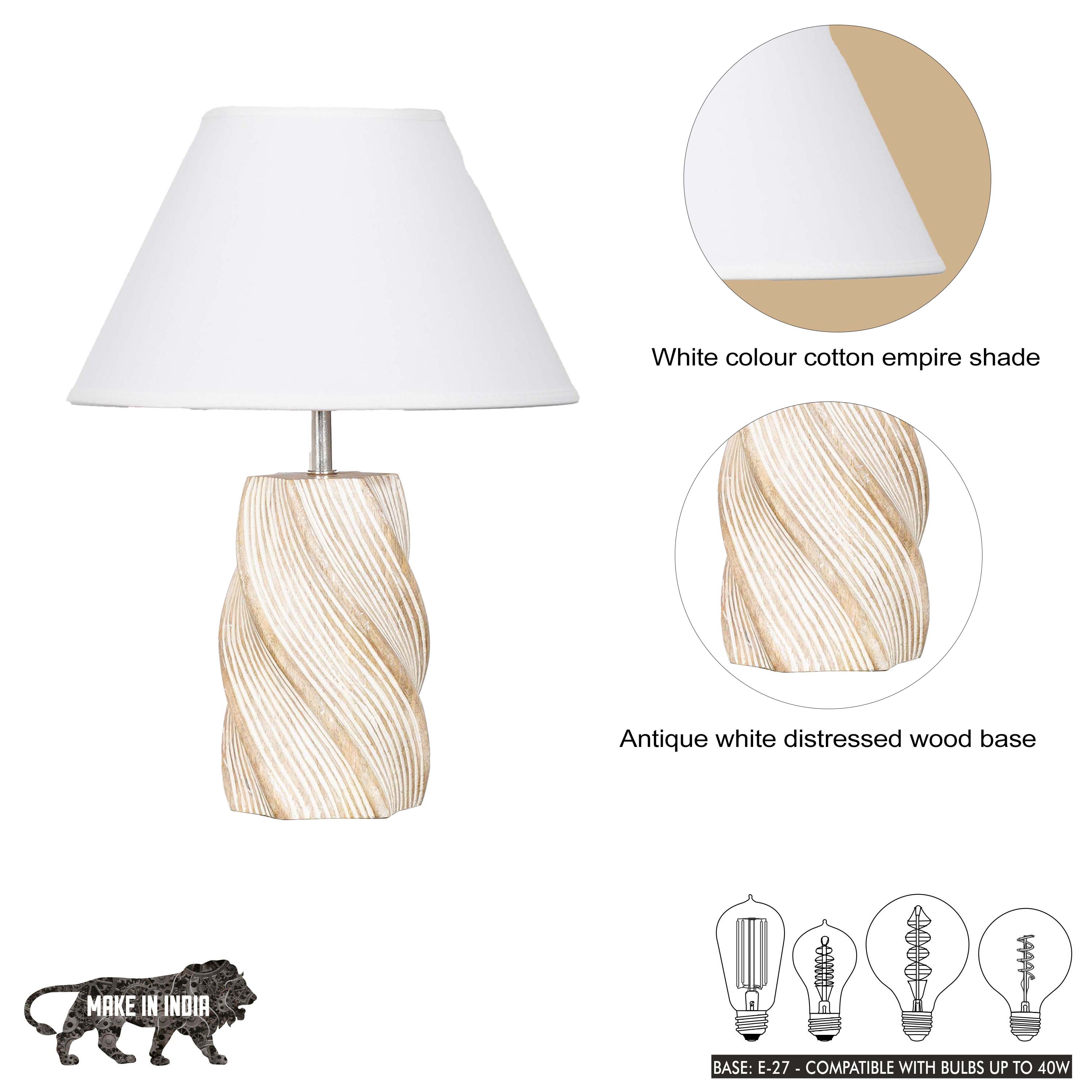 BURFORD Small Distress White Finish  Wood Table Lamp With Cotton Shade