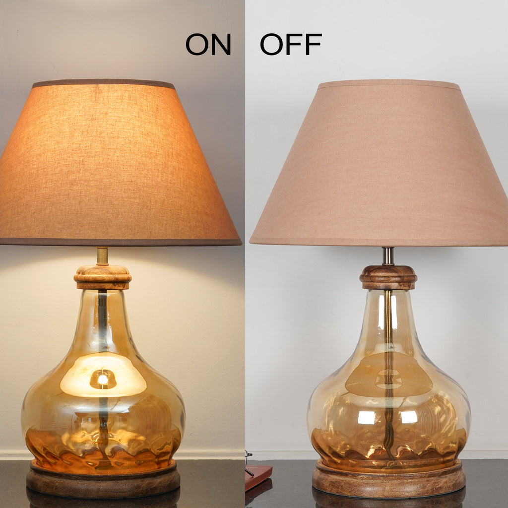 AYANA Brown Finish Wood And Amber  Glass Table Lamp With Beige Cotton Shade