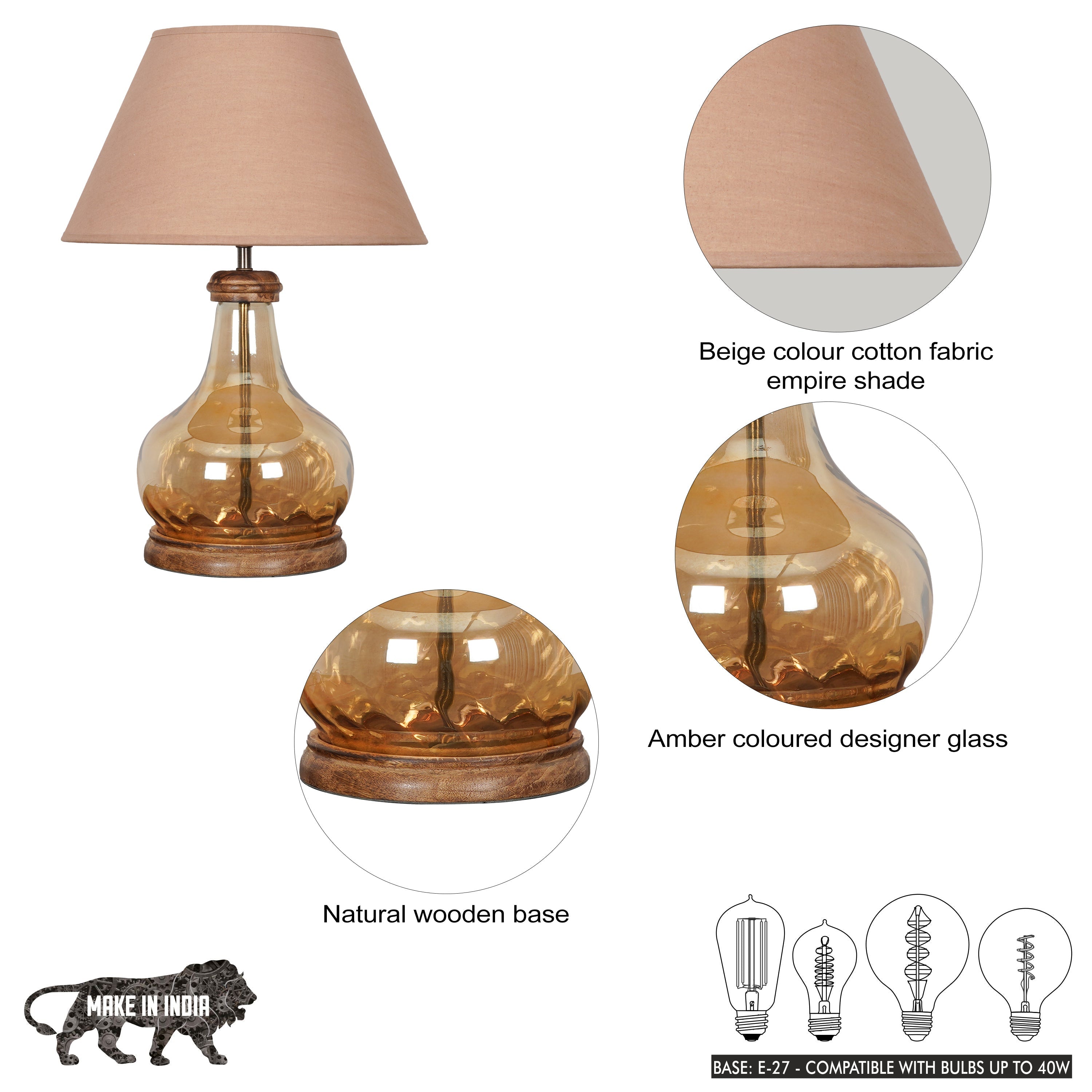 AYANA Brown Finish Wood And Amber  Glass Table Lamp With Beige Cotton Shade